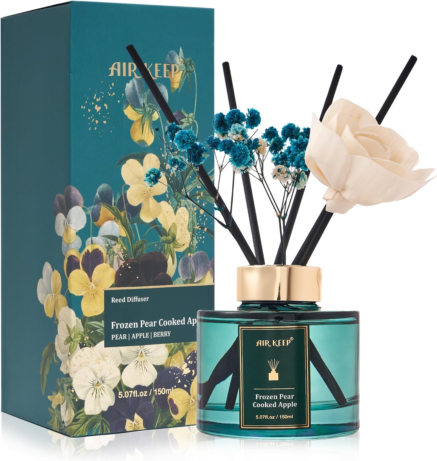 Airkeep Flower Reed Diffusers Set, 5.07 oz Pear/Apple/Berry Scented Oil Diffuser with 8 Reed Sticks, Home Fragrance Diffuser Gift Set for Bathroom & Office Decor 150ml