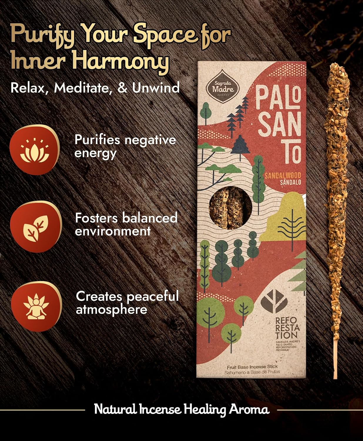 Sagrada Madre 4pcs Wildly Harvested Palo Santo Incense Sticks (Sandalwood), 6.7” Long - Non-Toxic, Aromatic Incense Sticks (50 min Approx. Burning Time) to Heal & Calm Your Body and Environment
