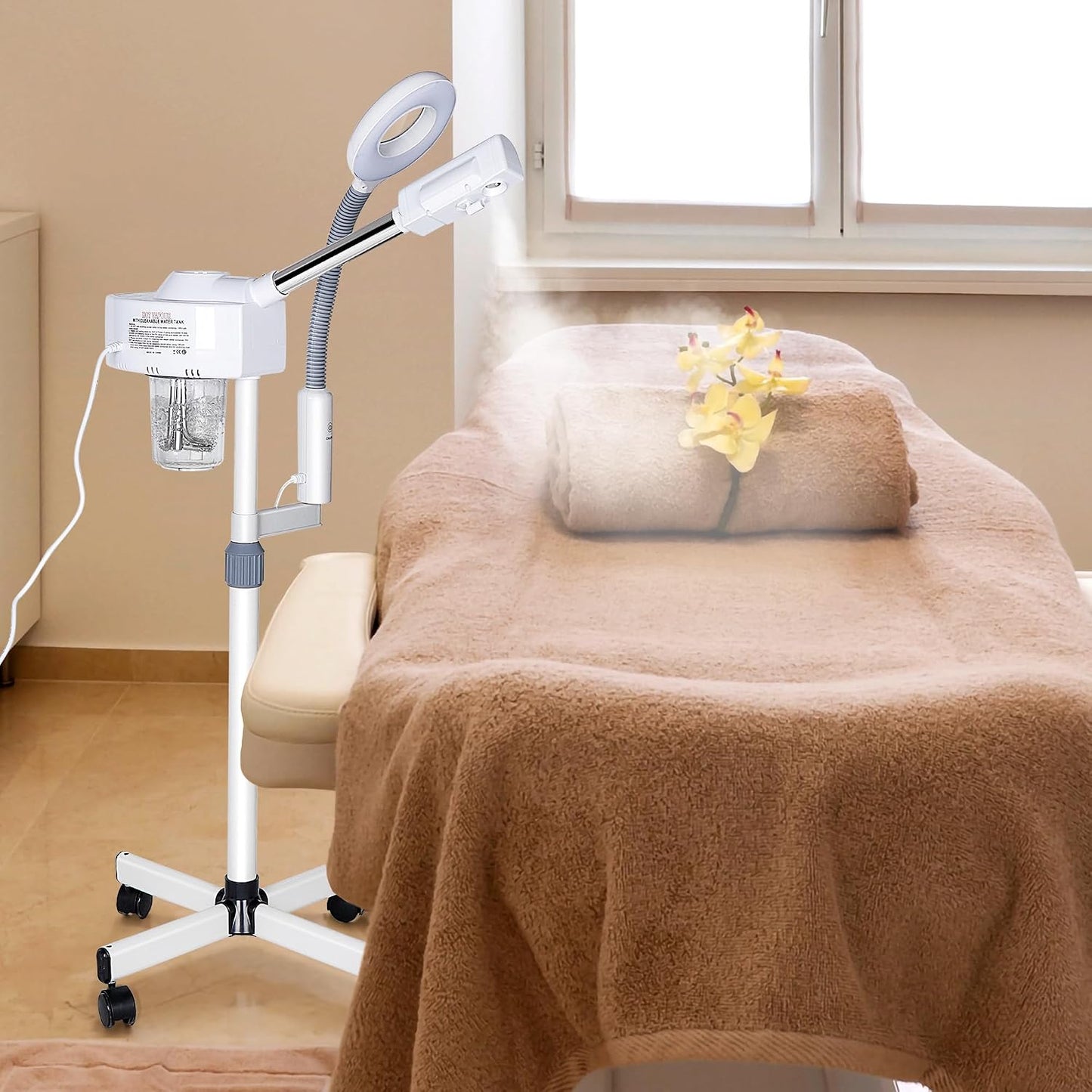 2 in 1 Facial Steamer Professional Nano Ionic Face Deep Cleansing Hydration with 5X Magnifying LED Lamp & Rolling Wheels, High Frequency, Portable Home Spa Salon Beauty Skin Care Equipment