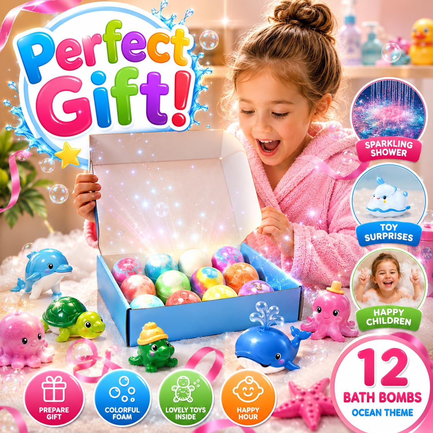 Bath Bombs Gift Set for Women, Colorful Bath Bombs with Surprise Inside, Ocean Theme Moisturizing Bath Fizzies, Relaxing Spa Self Care Gifts for Birthday, Christmas & Holidays (12 Pack)