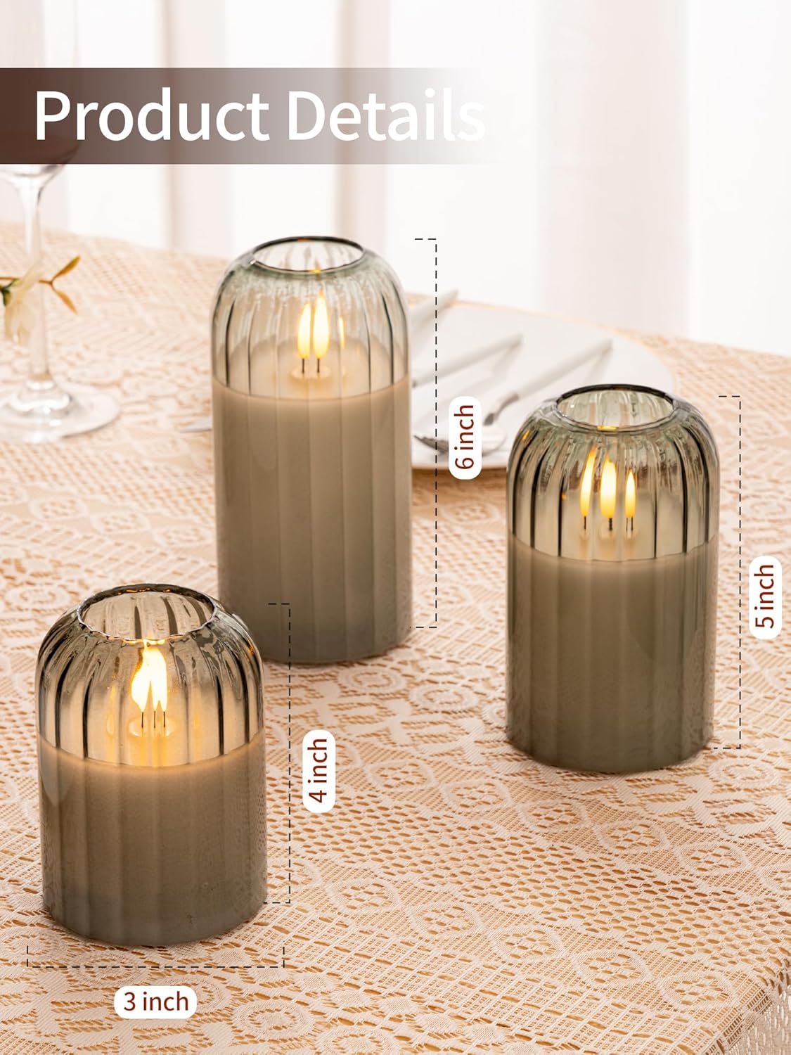 Glass Ribbed Flameless Candles - Battery Candles with Remote Timer, Green Glass LED Candles with Pumpkin Shape, Warm Light, Lasting 350 Hrs and Brightness Adjustment, Φ 3" H 4" 5" 6", Set of 3