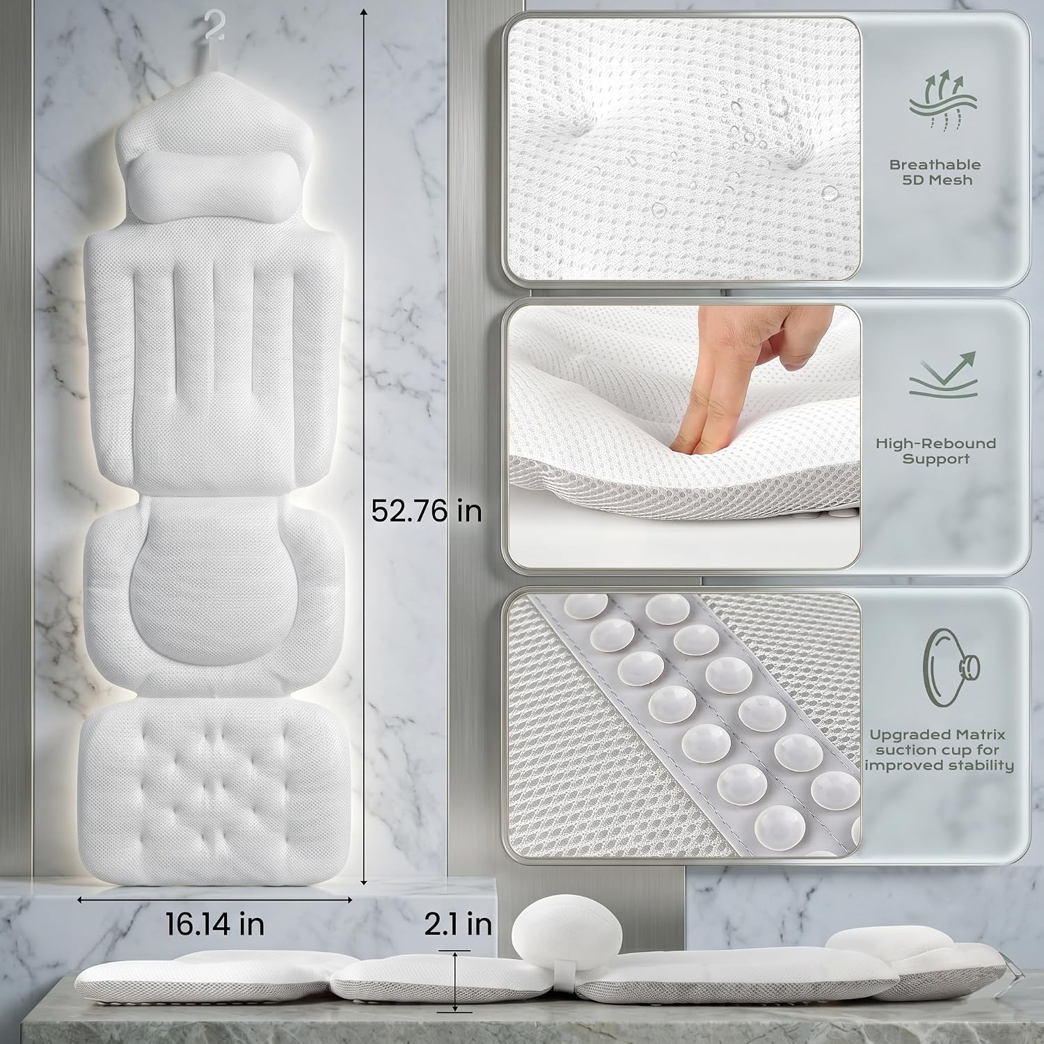 Luxury Full Body Bath Pillow for Tub - 4D Air Mesh Bathtub Cushion Mat with Extra Thick Neck, Back & Lumbar Support - Ergonomic Spa Pillow for Headrest & Shoulder Relief, Non-Slip, White