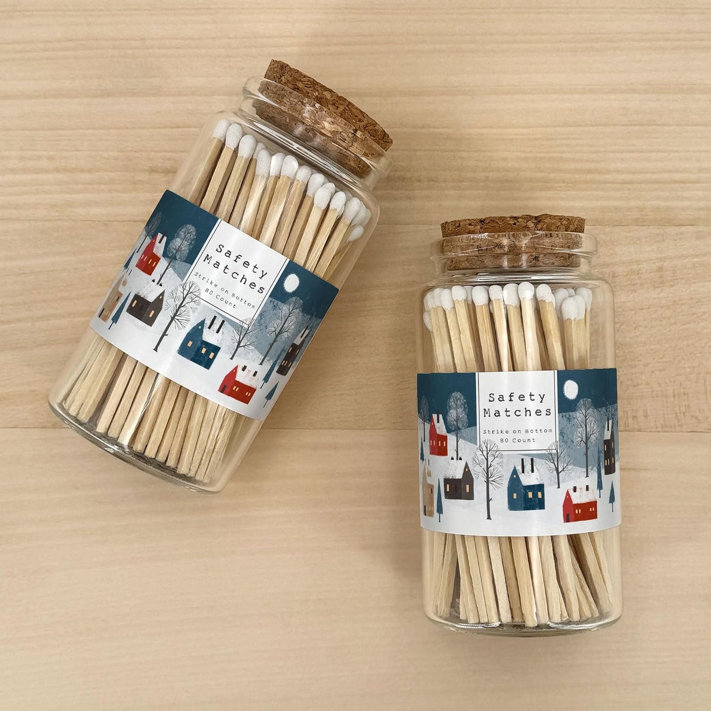 Snowy Village Wooden Matches in a Jar with Striker | Decorative Matches for Candles | Long Matches for Candles in Apothecary Glass Jar | Approx. 80 Safety Matches for Home Decor & Bathroom