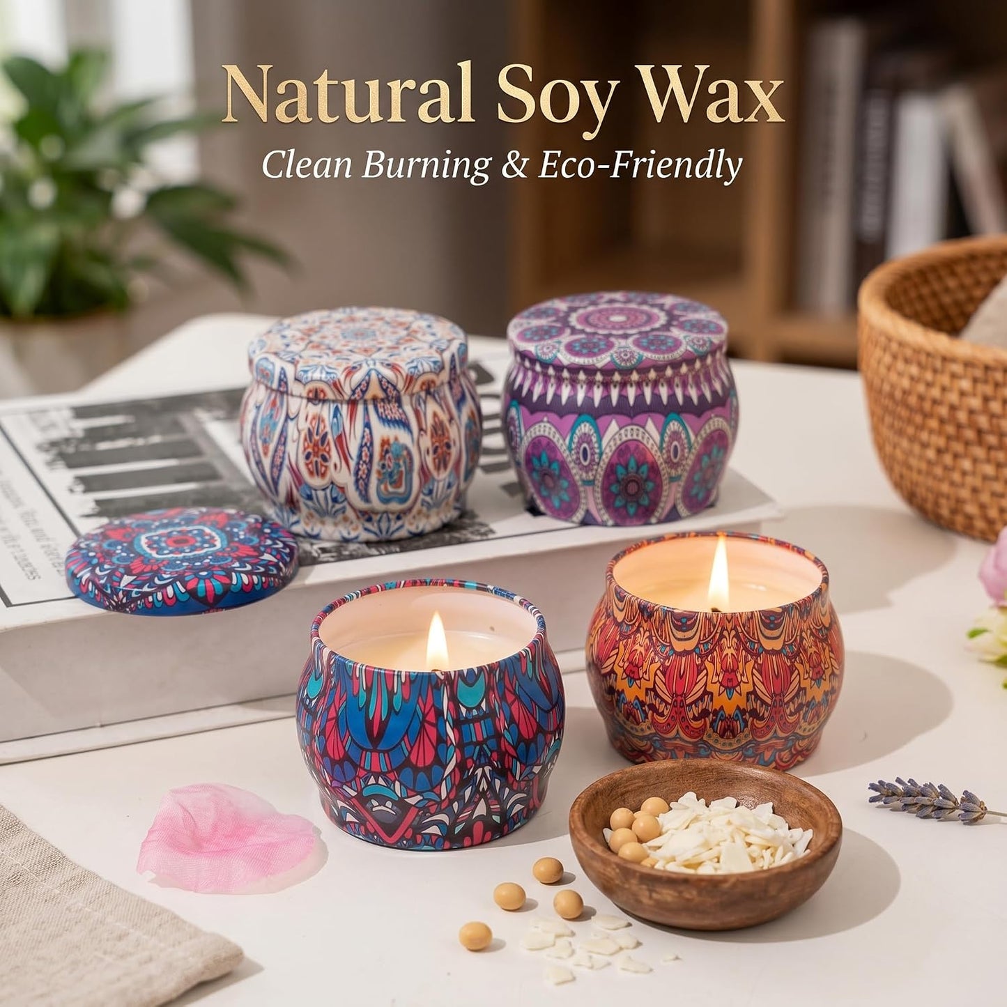 Topadorn 4 Pack Scented Candles Gift Set, Soy Wax Aromatherapy Candles in Decorative Boho Tins, Lavender Rose Vanilla Lemon Candle Gift Box for Women, Home Decor & Relaxation