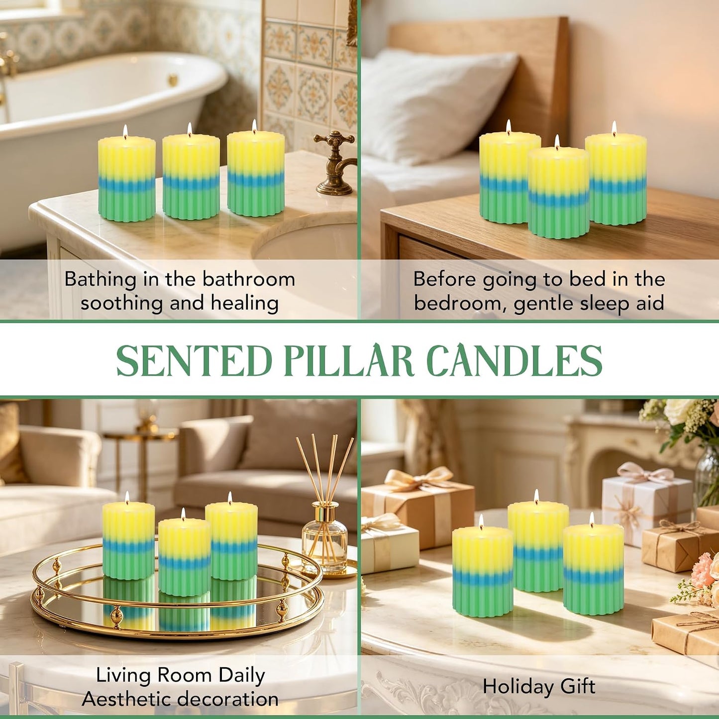 Lemon Verbena Scented Candles, Yellow Blue Green Ombre Ribbed Pillar Candles, 3"x4" Set of 3, Cotton Core Paraffin Wax, 50H+ Long Burning Time|1PC Aromatherapy Candle, Home Bathroom Living Room Decor