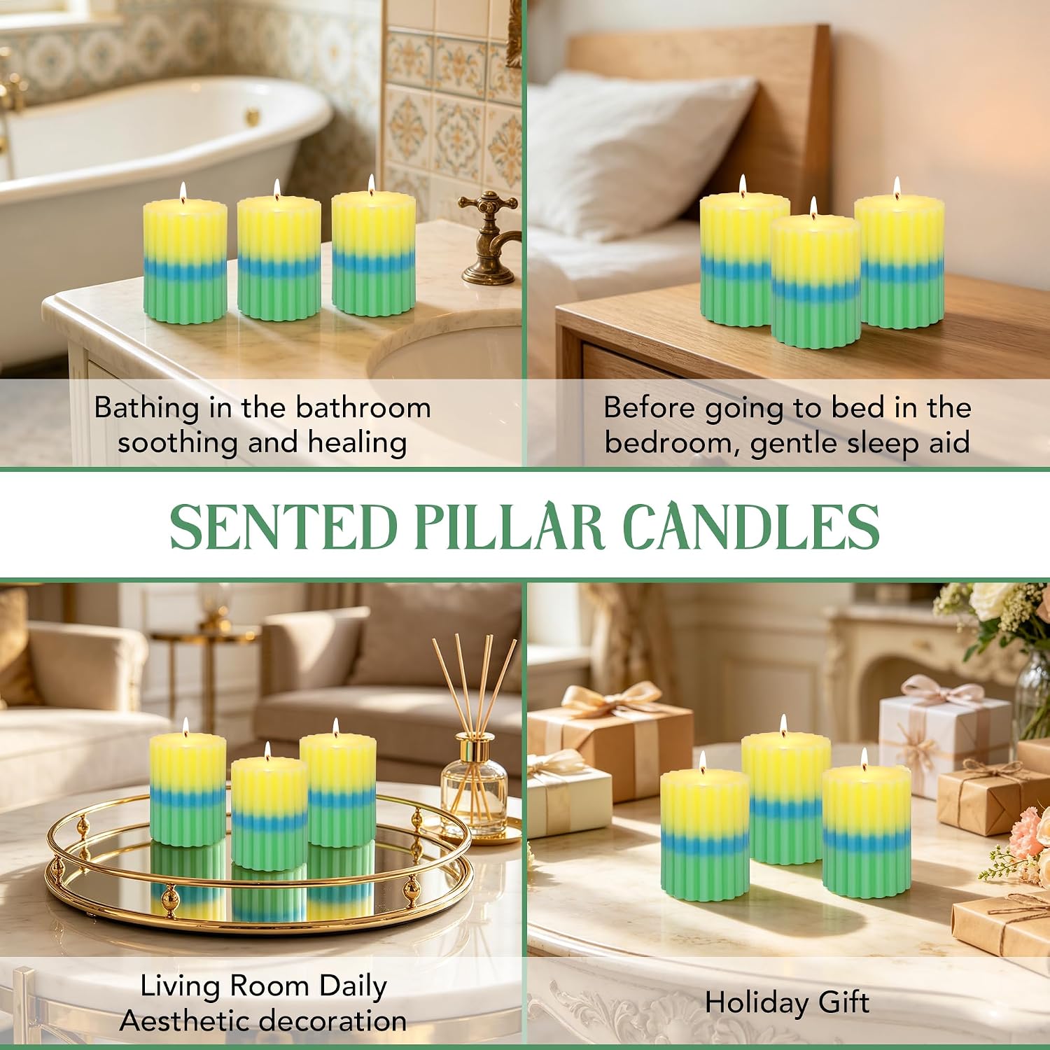 Lemon Verbena Scented Candles, Yellow Blue Green Ombre Ribbed Pillar Candles, 3"x4" Set of 3, Cotton Core Paraffin Wax, 50H+ Long Burning Time|1PC Aromatherapy Candle, Home Bathroom Living Room Decor
