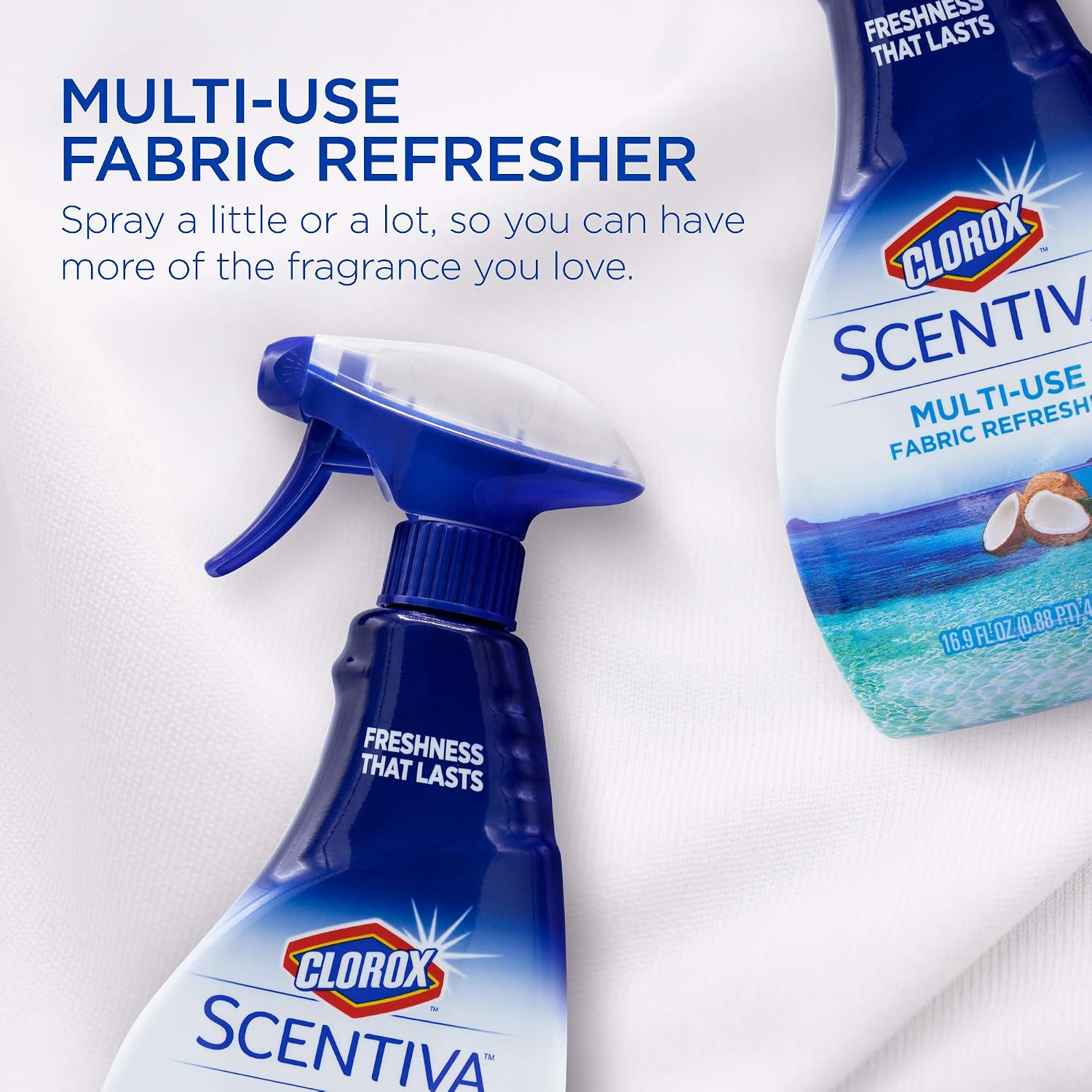 Clorox Scentiva Fabric Refresher Spray, Pacific Breeze and Coconut Scent for Household Fabrics, Odor Refresher for Upholstery, Curtains, Bedding, and Carpets, Non-Bleach, 16.9 Fl Oz