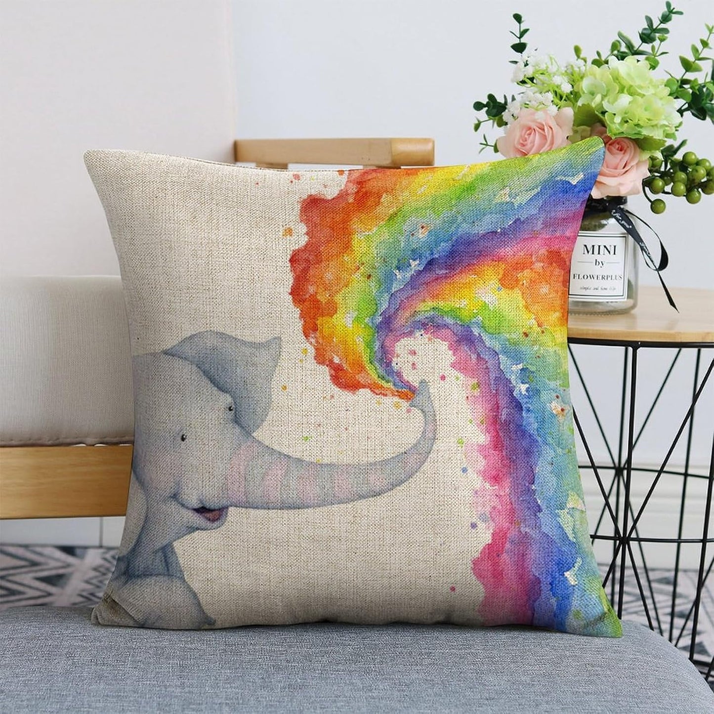 Elephant Gifts for Women Sprays Rainbow Throw Pillow Cover 18x18 Pillow Caese Home Decor Linen Pillowcase for Sofa Car Bedroom Cushion Cover