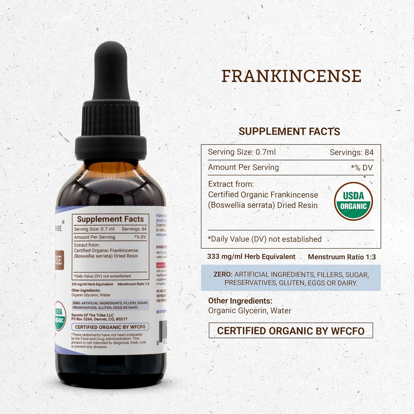 Secrets of the Tribe Frankincense USDA Organic Tincture Alcohol-Free Extract, Frankincense (Boswellia Serrata) Dried Resin 2 oz