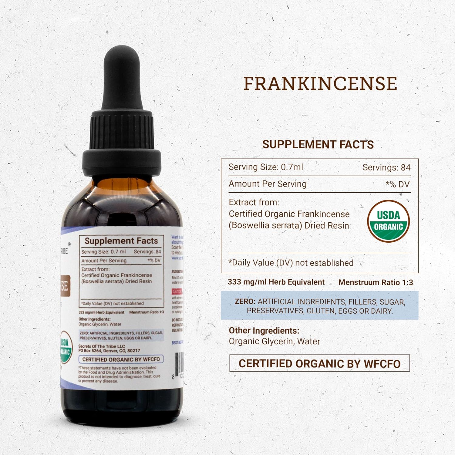 Secrets of the Tribe Frankincense USDA Organic Tincture Alcohol-Free Extract, Frankincense (Boswellia Serrata) Dried Resin 2 oz