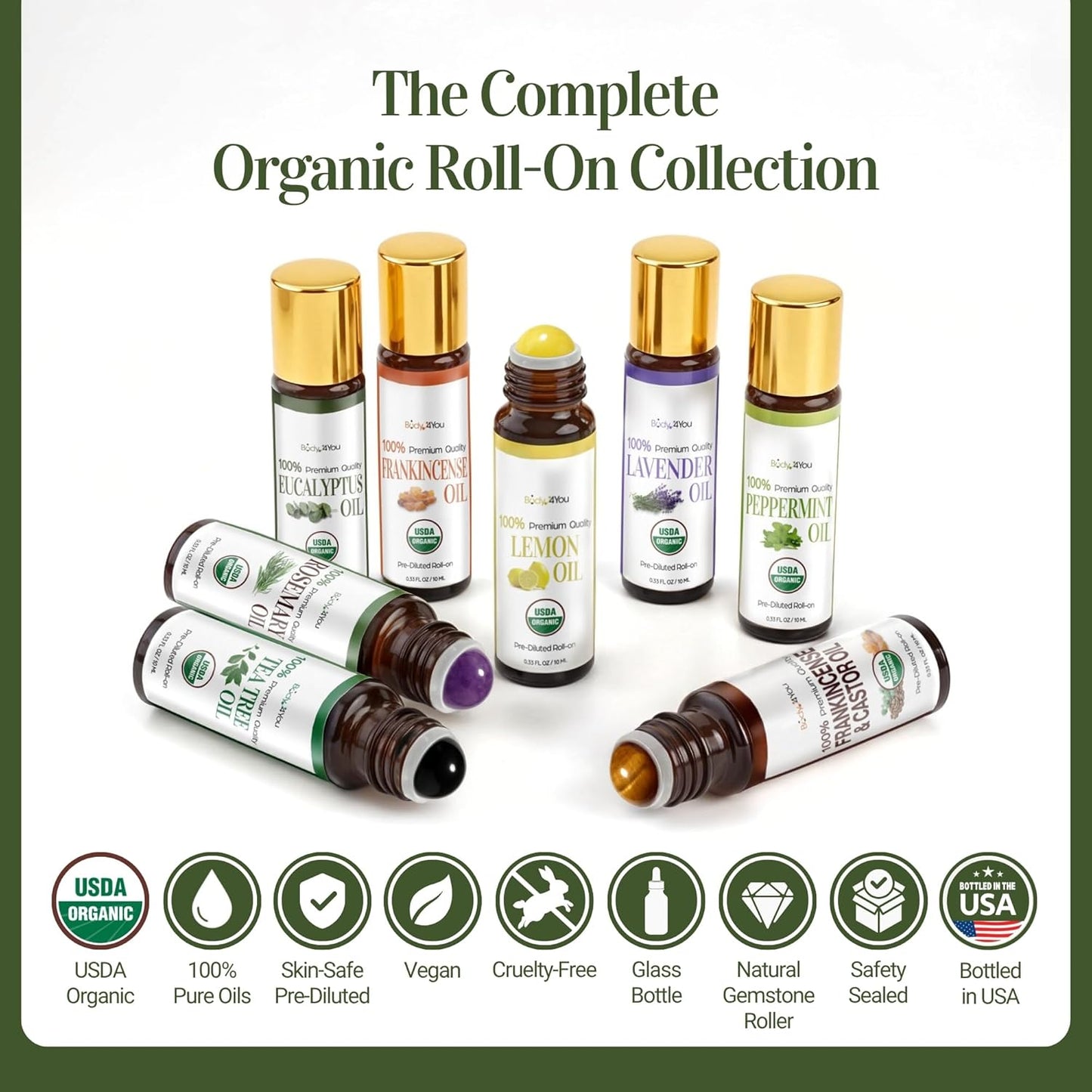 Eucalyptus Essential Oil Roll On for Sinus Congestion Headache - 100% Pure USDA Organic MCT Coconut Oil - Cooling Breathwork Chest Aromatherapy Mental Clarity Focus - Gemstone Roller 10ml Travel Size