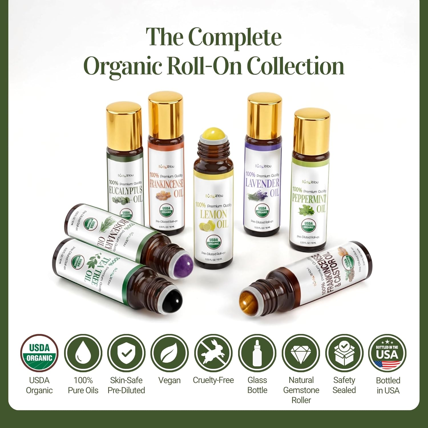 Eucalyptus Essential Oil Roll On for Sinus Congestion Headache - 100% Pure USDA Organic MCT Coconut Oil - Cooling Breathwork Chest Aromatherapy Mental Clarity Focus - Gemstone Roller 10ml Travel Size