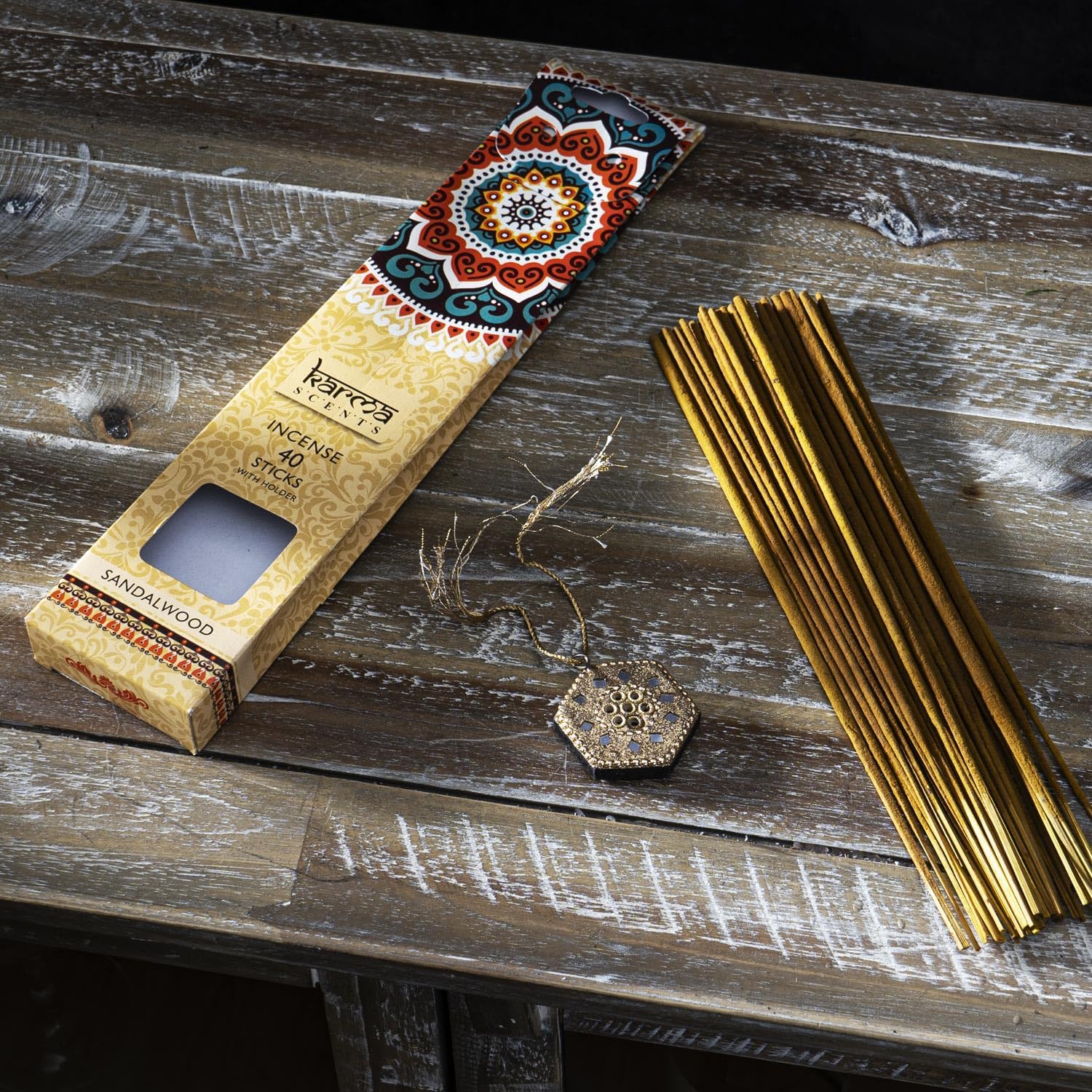 Pacific Giftware Karma Sandalwood Incense Sticks with Decorative Gold Hexagonal Holder, 40 Count, Aromatic Sandalwood Incense for Meditation, Yoga, Relaxation, Spiritual Rituals and Home Fragrance