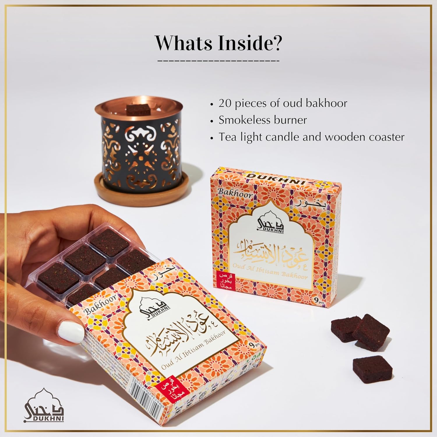 Oud Al Ibtisam Bakhoor Set by Dukhni | 2 x 9 Piece Each & Taj Bakhoor Burner | Arabic Bakhoor Incense | Warm Floral Oud Blend | Perfect for Prayer Time | to Relax & Meditate | Ramadan & Eid Gift