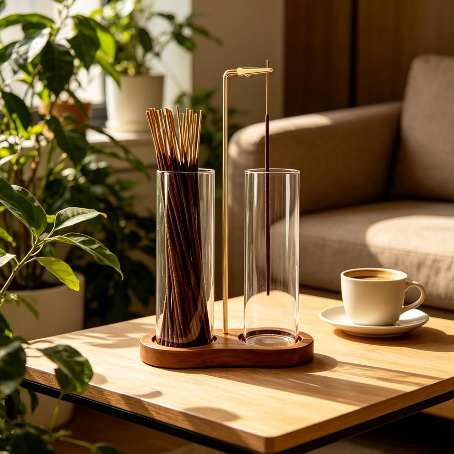 Incense Holder, Hang Upside Down Incense Sticks Burner Holder Storage with Glass Ash Catcher,Ideal Gift (Brown)