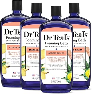 Dr Teal's Foaming Bath with Pure Epsom Salt, Stress Relief with Ginseng & Ginger, 34 fl oz (Pack of 4)