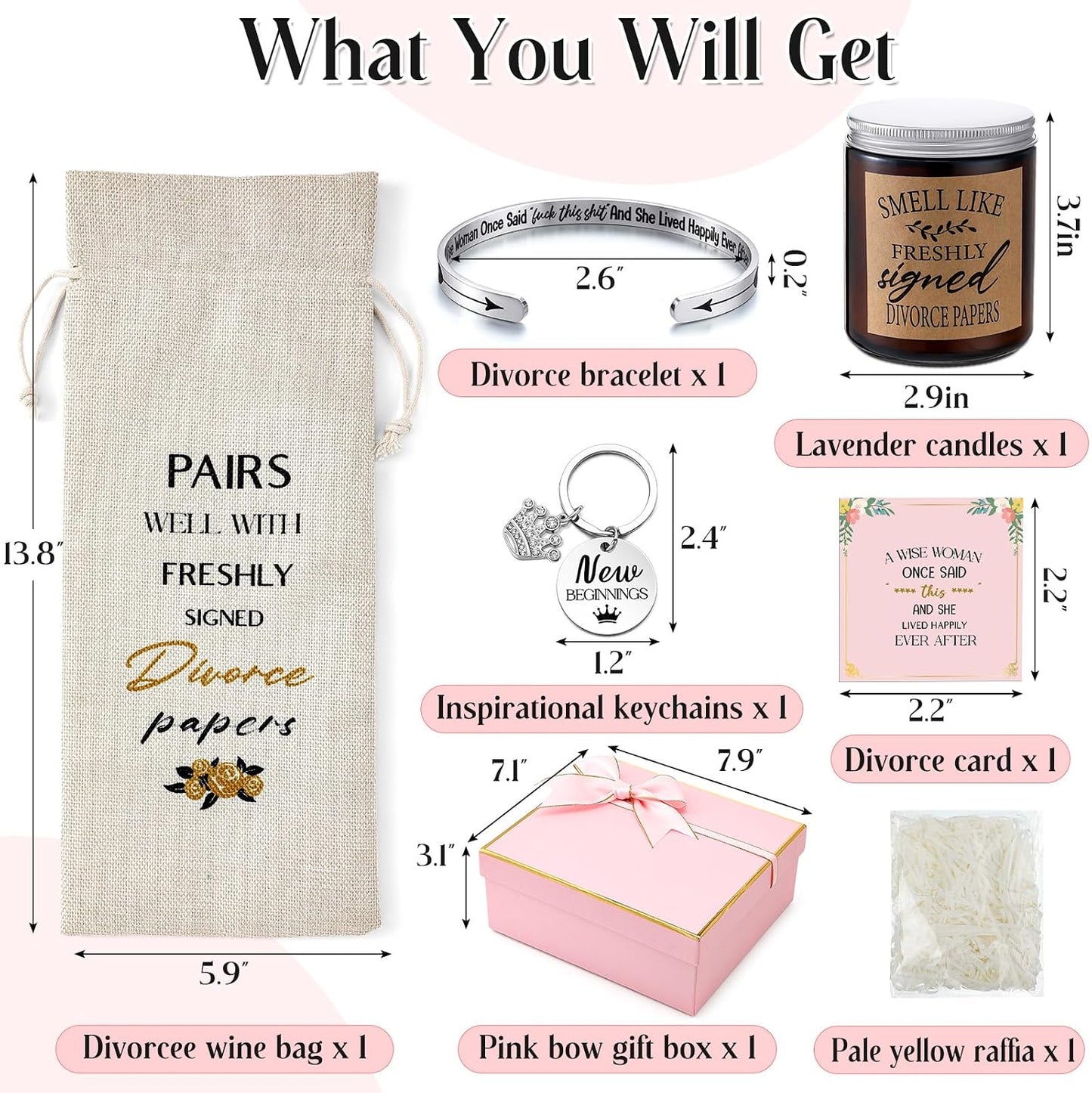 Quelay 7 Pcs Divorce Gifts Box for Women Divorce Party Gifts Breakup Candles New Beginnings Keychain Wine Bag Bracelet for Newly Divorced Woman