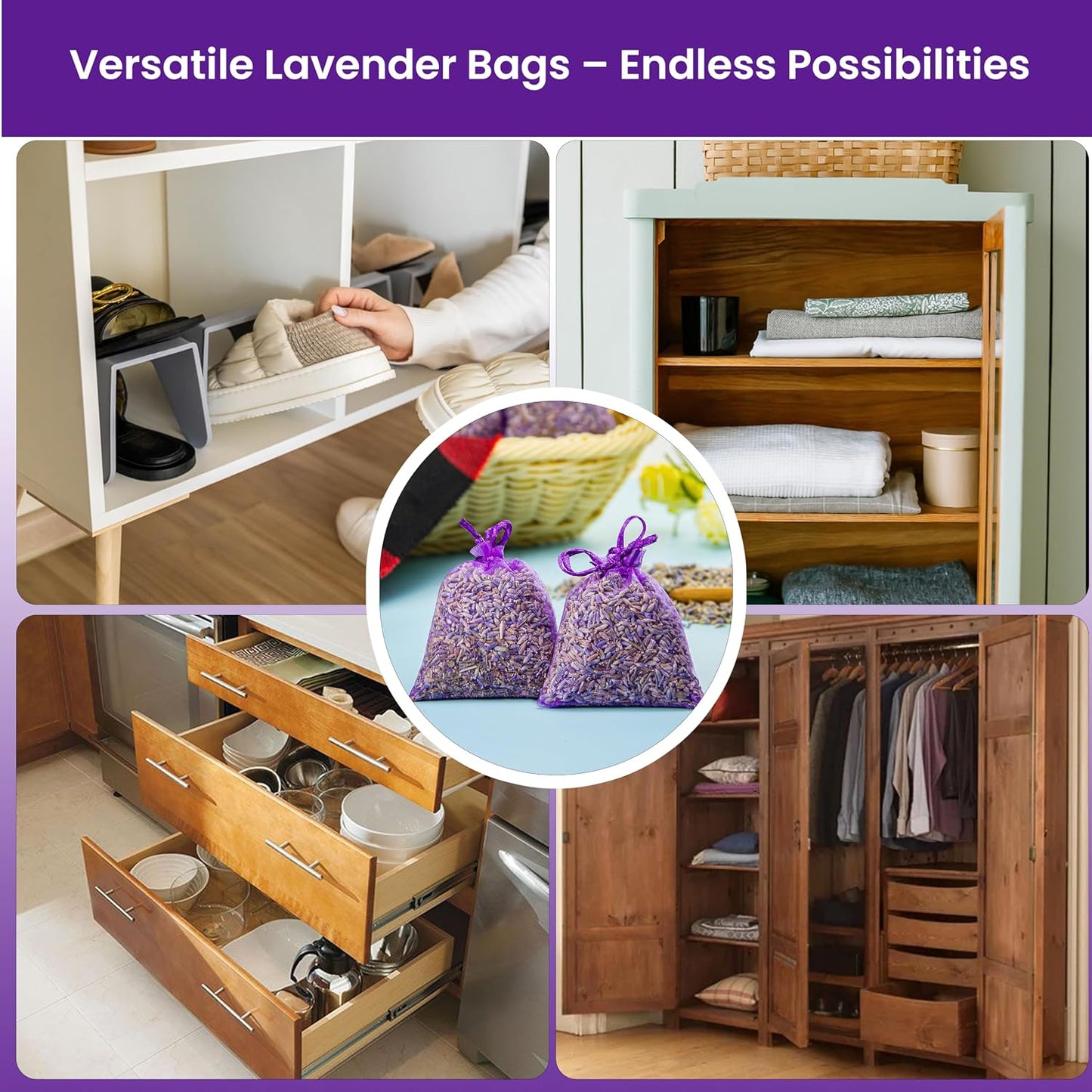 14 Pack Organic Lavender Sachet Bags for Drawers and Closets - Natural Fresh Dried Lavender French Potpourri Bags for Clothes Storage - Scented Sachets for Drawers, Wardrobes, Cars & Home