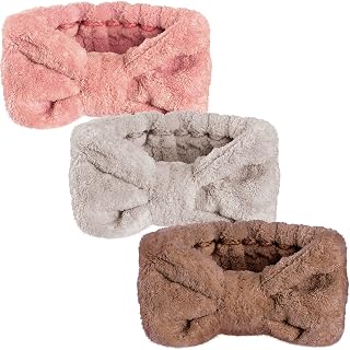 3 Pieces Towel Headbands for Women Makeup Headband for Washing Face Makeup Spa, Microfiber Bowtie Shower for Women(Pink, Light Camel, Light Coffee)