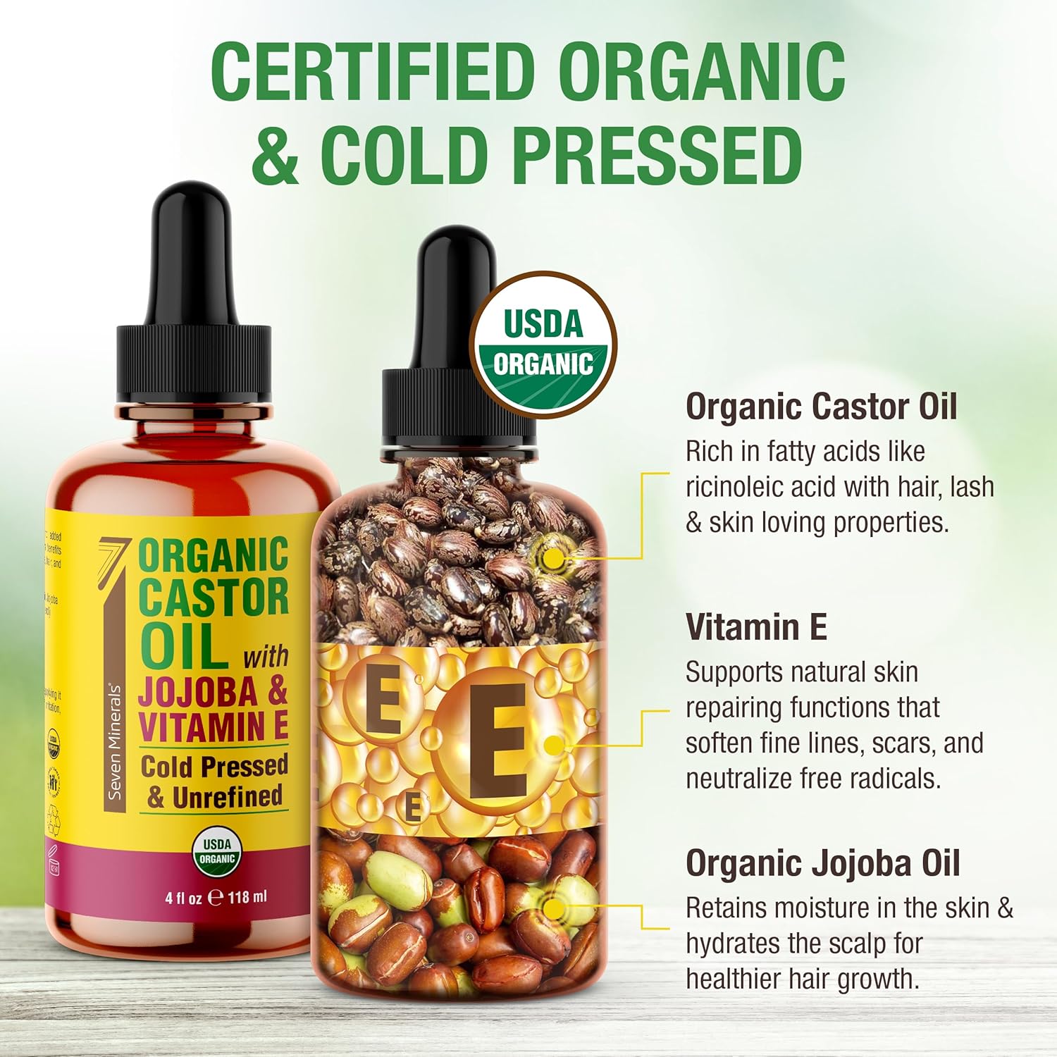 Seven Minerals Organic Castor Oil with Jojoba & Vitamin E for Eyelashes, Eyebrows, Face & Hair Growth - Glass Bottle, Cold Pressed & Hexane Free - Hydrates & Boosts Natural Hair Growth - 4 fl oz