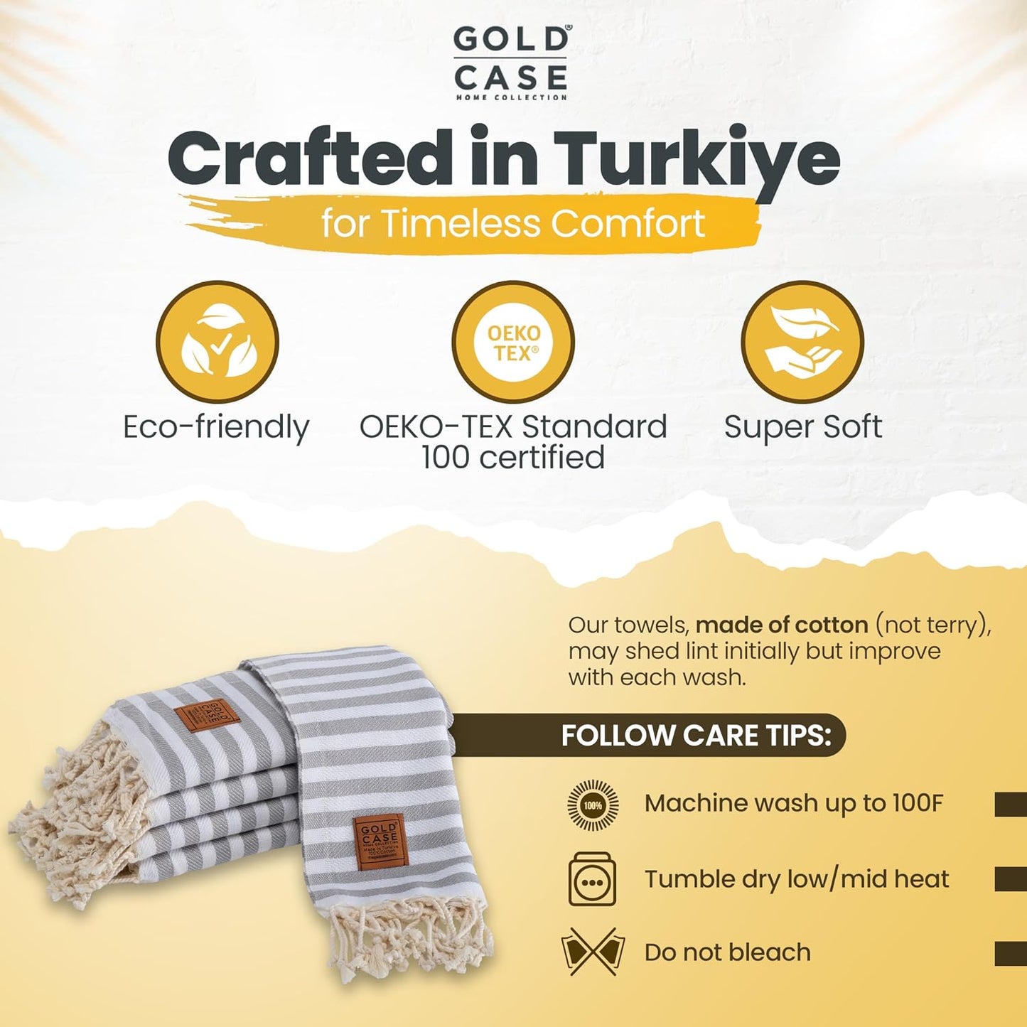Gold CASE Turkish Hand Towels Set of 5 – 100% Cotton Hand Towels for Bathroom 20 x 40'' – Soft & Quick Dry Cotton Towel for Hands, Hair, SPA & Gym – Elegant Bathroom Towel Set in Grey