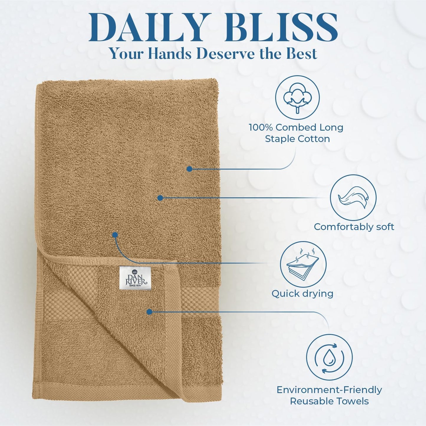 DAN RIVER 6-Pack Premium Hand Towels (16x28 Inches) - 100% Cotton, Ultra Soft, Lightweight, Highly Absorbent Towels for Bathroom, Spa, Gym, Salon, Hotel, and Travel - Tan
