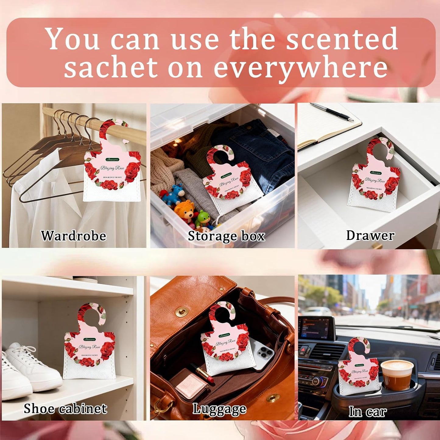 15 Packs Scented Sachets Bag for Drawers and Closets, Hanging Closet Freshener for Home Fragrance Sachet, Long-Lasting Drawer Deodorizer Smell Goods for House (Blazing Rose)