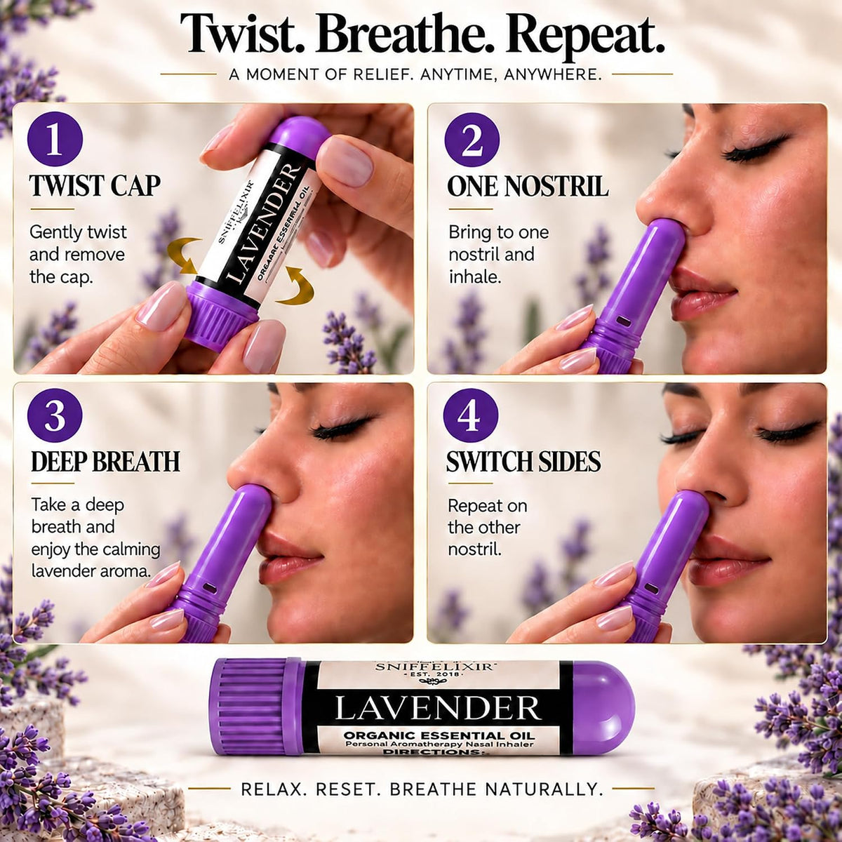 Lavender Essential Oil Aromatherapy Nasal Stick Vapor Inhaler for Sleep Aid, Meditation, Relaxation - USA Made with Organic Essential Oils, Natural Mood Support
