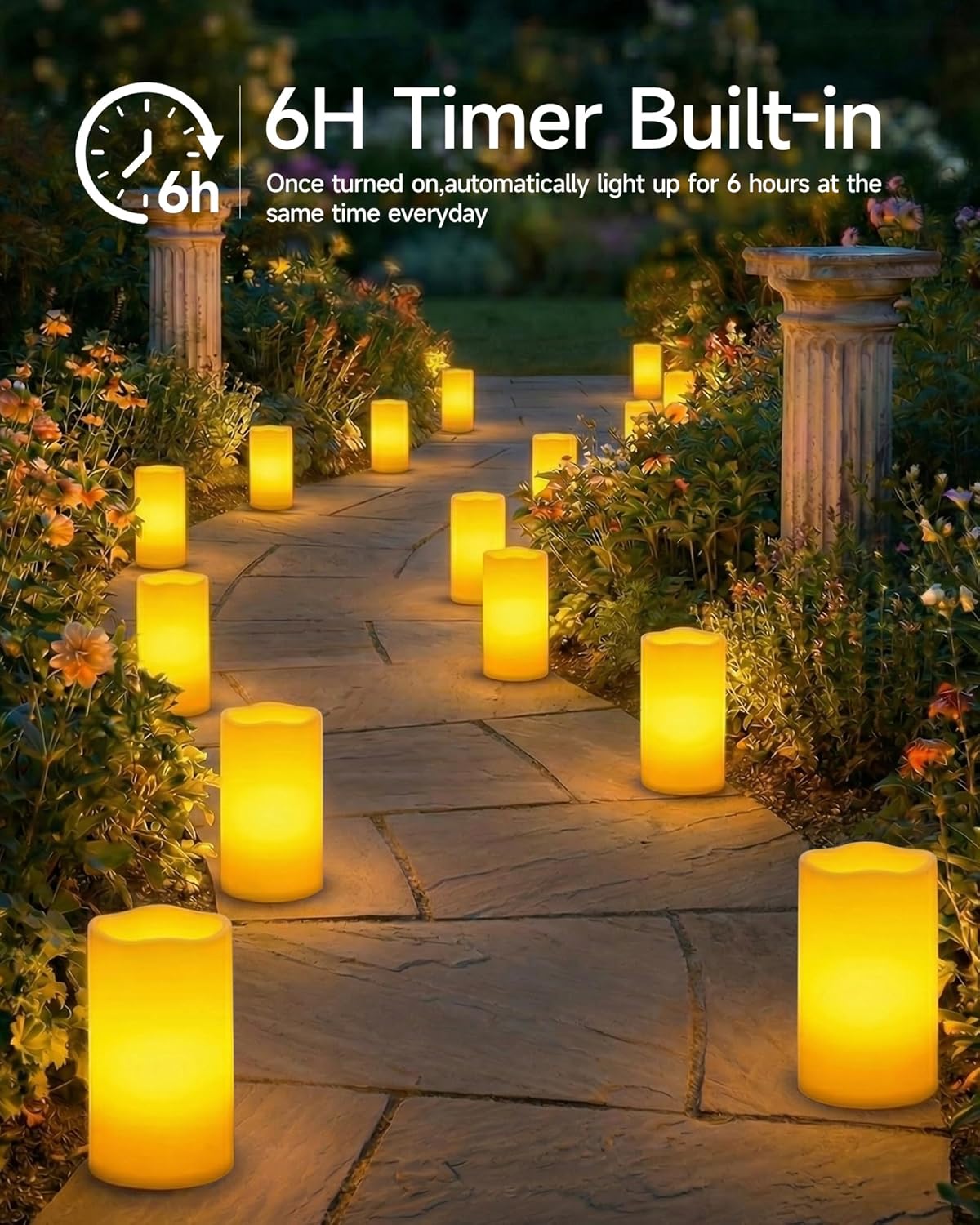 Homemory 6" x 12" Extra Large Outdoor Waterproof Candle with Auto 6-Hour Timer, Ivory Plastic Made, Long Last for Half A Year