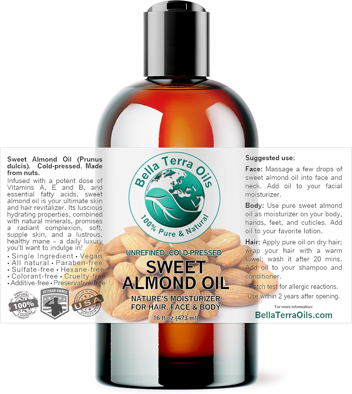 Bella Terra Oils - Organic Sweet Almond Oil 16 oz - Harnessing Almond’s Rich Vitamin A & B Profile, Cold-Pressed, Ideal for Radiant Skin