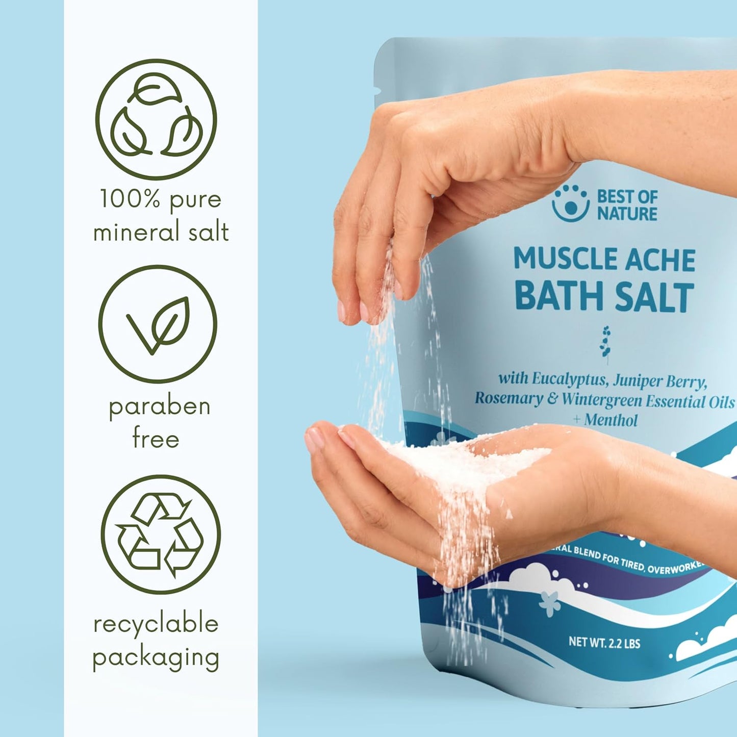 Best of Nature Muscle Ache Epsom Salt Bath Soak with Eucalyptus, Rosemary, Wintergreen & Menthol, Mineral-Rich Bath Salts, Bulk Pail, 24 lb