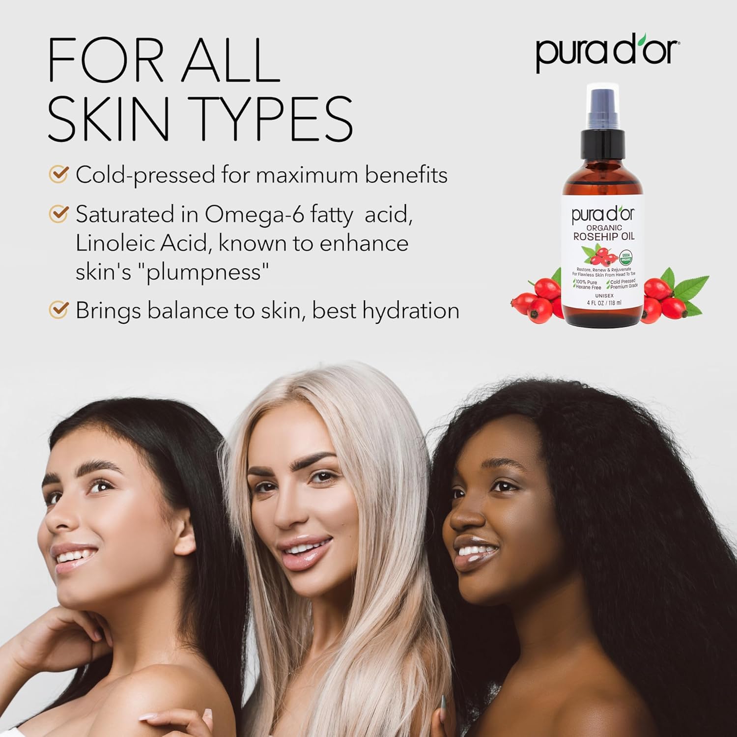 PURA D'OR ORGANIC Rosehip Seed Oil 100% Pure Cold Pressed USDA Certified For Hair, Skin, Scalp, Anti Aging Face & Body - Hexane Free Glass Bottle - 4 Oz - Hair Regrowth Tonic