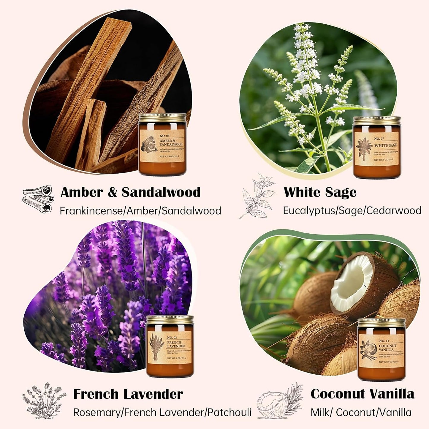 Soy Candles Set of 4, 9oz Natural Soy Wax Aromatherapy Candles, Home Scented Candles with 4 Scents (Lavender, Amber Sandalwood, White Sage, Coconut Vanilla), Gifts for Mom, Women, Relaxation, Yoga