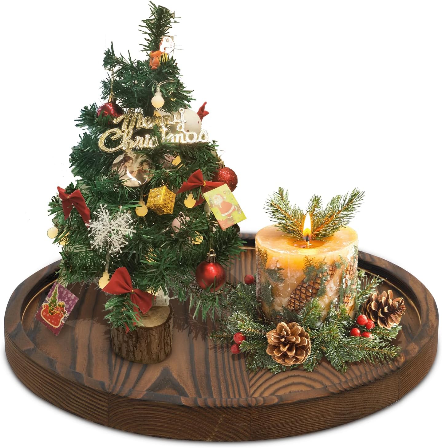 DEBETOOL Round Wooden Decorative Tray for Decor - Rustic Farmhouse Coffee Table Tray, Handmade Candle Holder Plate for Christmas Table Decorations and Centerpiece