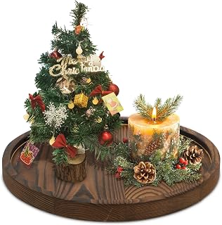 DEBETOOL Round Wooden Decorative Tray for Decor - Rustic Farmhouse Coffee Table Tray, Handmade Candle Holder Plate for Christmas Table Decorations and Centerpiece