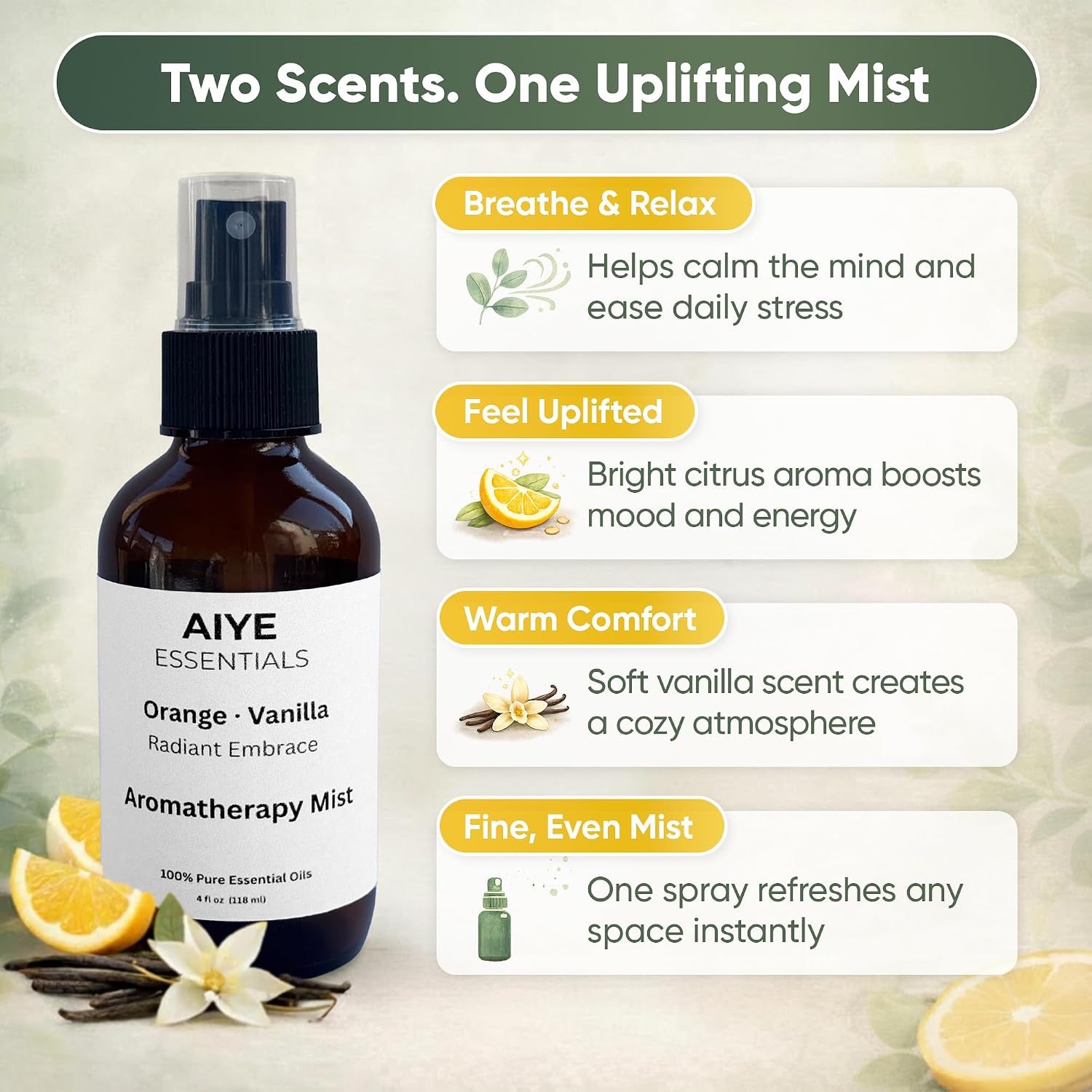 Aiye Essentials Orange Vanilla Aromatherapy Room & Linen Spray, Non‑Toxic Essential Oil Fabric Mist, 2 oz