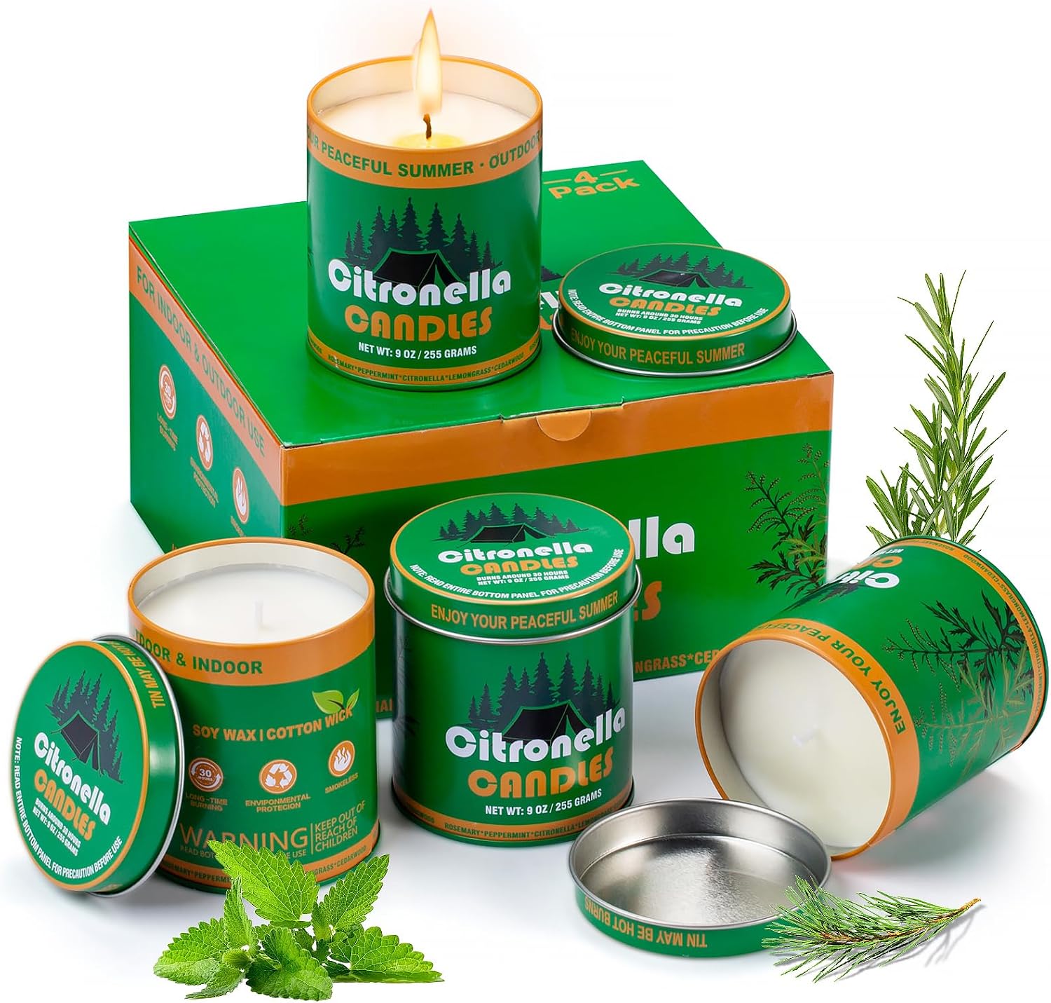 4 Pack Citronella Candles, 9oz Natural Soy Wax Scented Candles for Outdoor, Patio, Camping, and Garden, Long Lasting Portable Candles in Tin Container, Summer Party Ambiance