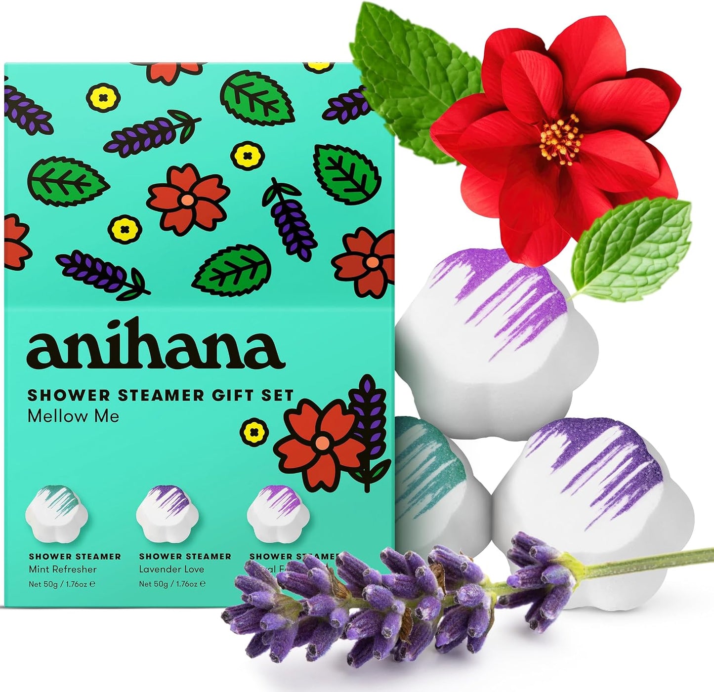 ANIHANA Shower Steamers Mellow Me 3 Pack Gift Set with Essential Oils, Paraben Free, Mint Refresher, Lavender Love, Floral Fantasy, 1.76 oz Each