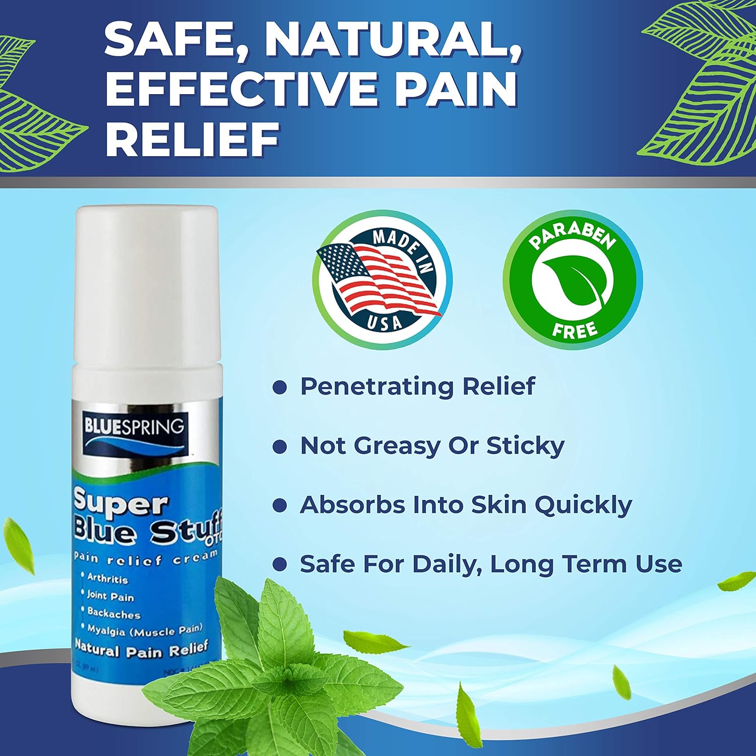 Super Blue Stuff Natural Pain Relief Roll-On with Emu Oil, 3 fl oz | Anti Inflammatory Analgesic Cream, For Back, Knee, Joint, Muscle, Arthritis, Neck Pain