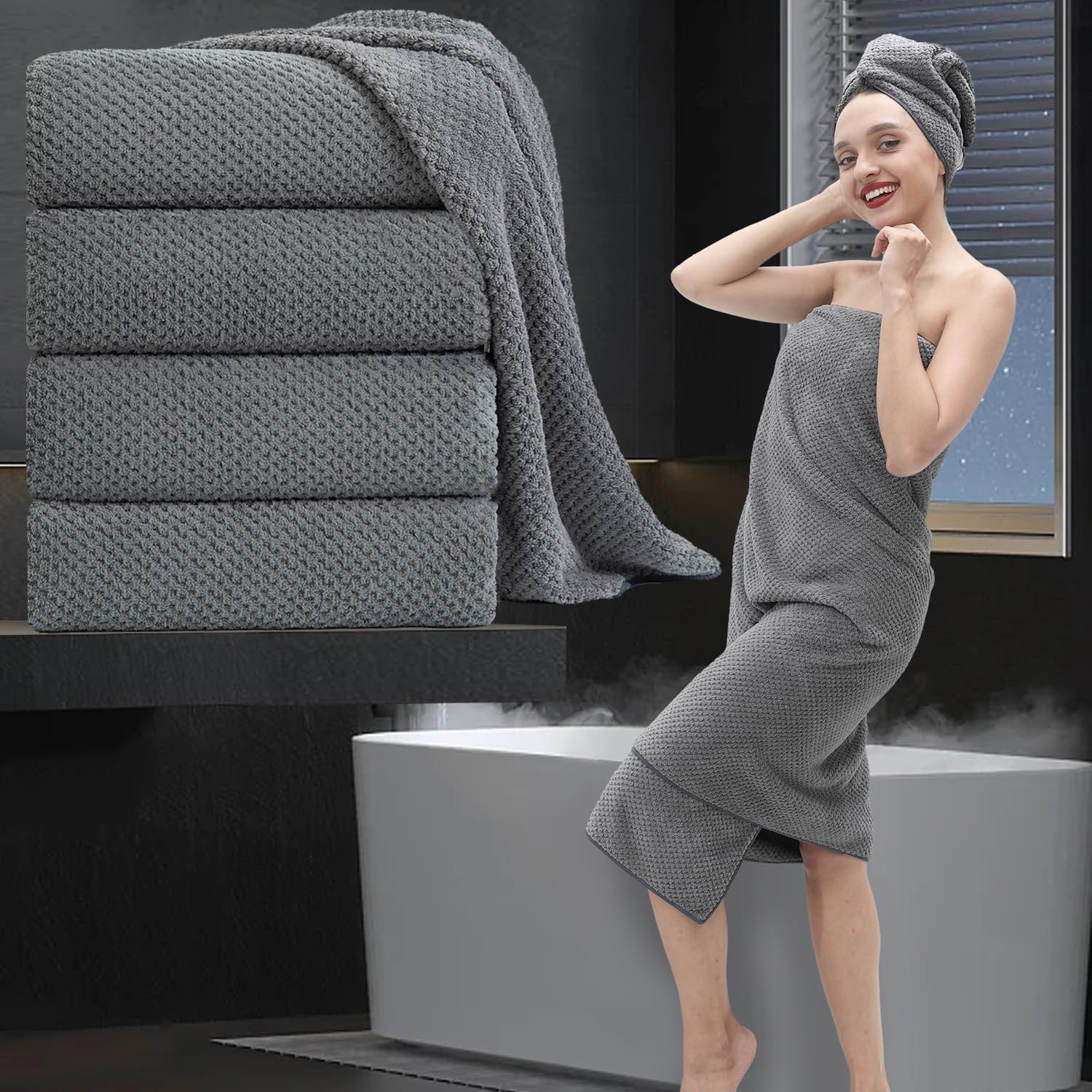 Extra Large Bath Towel Set of 4 (35"x70"),Oversized Bath Sheet Super Soft Highly Absorbent Jumbo Bathroom Towel Set Microfibers Quick Dry Shower Towel for Hotel,Bathroom,Guest,Spa,Gym (Dark Gray)