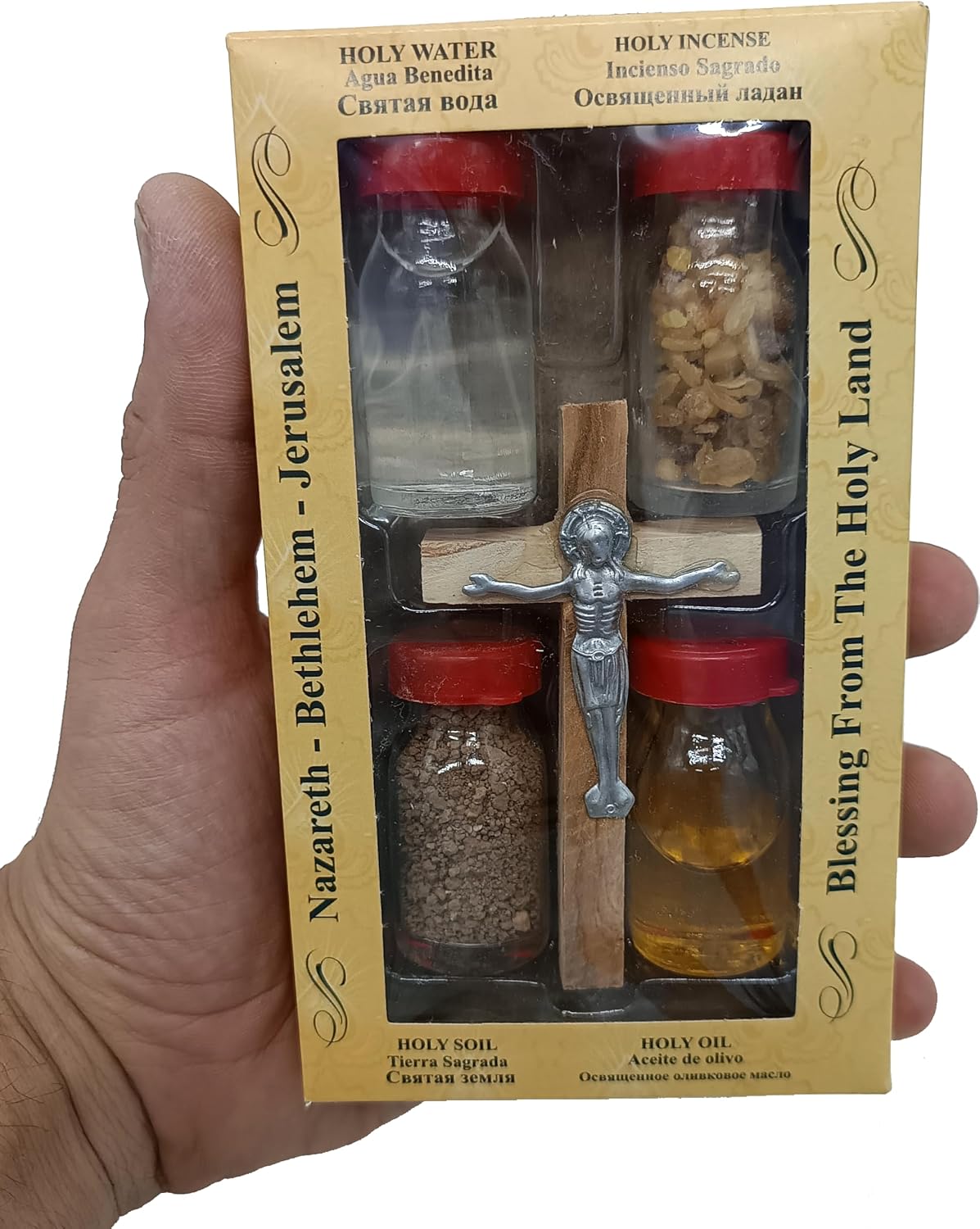 Zuluf Holy Land Set 5 in 1 Olive Wood Cross Set with 4 Bottles - Oil, Jordan Water, Holy Earth and Incense from Jerusalem | Catholic Orthodox Blessing Set from Israel | Religious Israel Gift HLG005