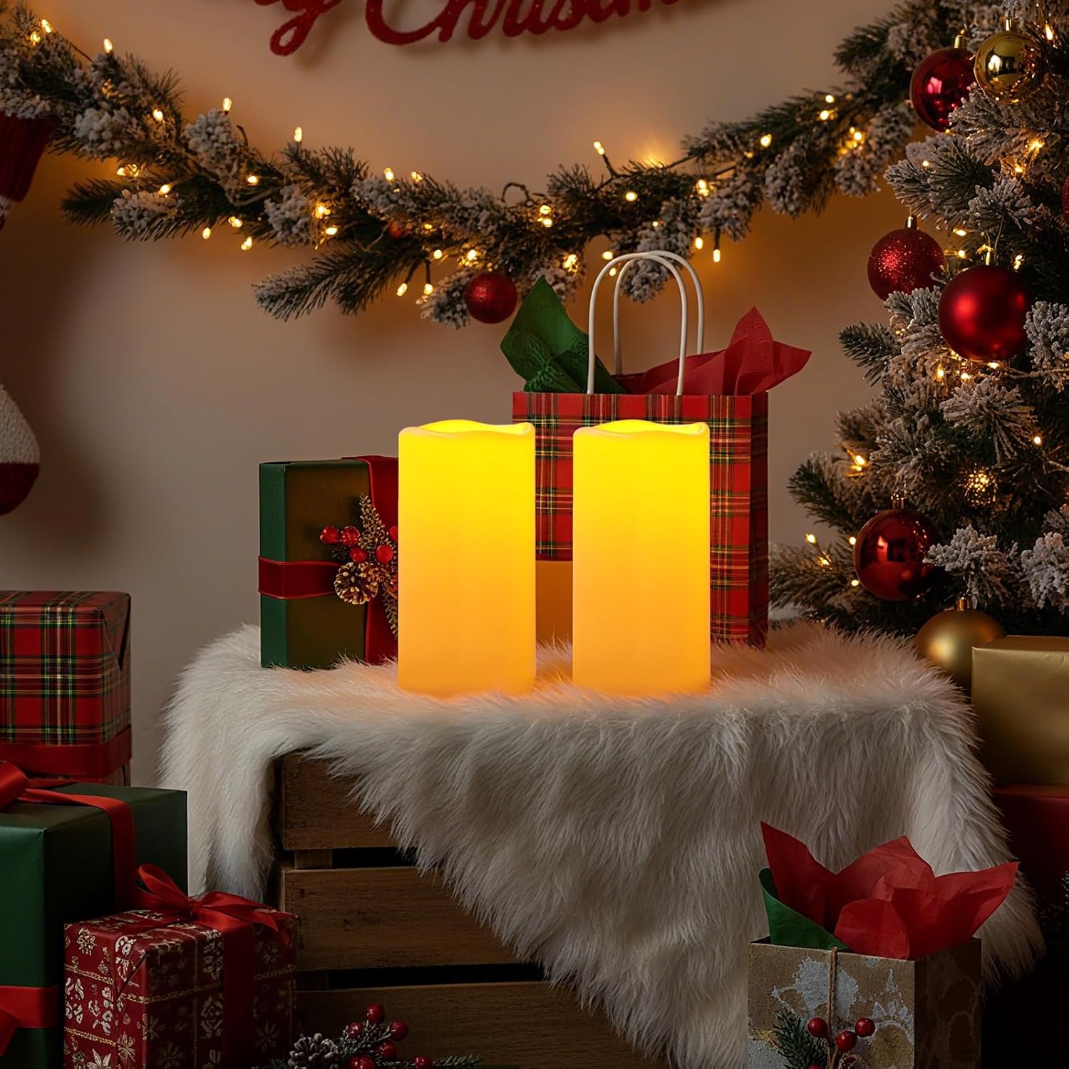 Amagic 2 Pack 8" x 4" Outdoor Plastic Electric flameless Candles with Remote Control and Timer, Battery Operated Flickering LED Pillar Fake Candle for Home, Wedding Decor, Ivory