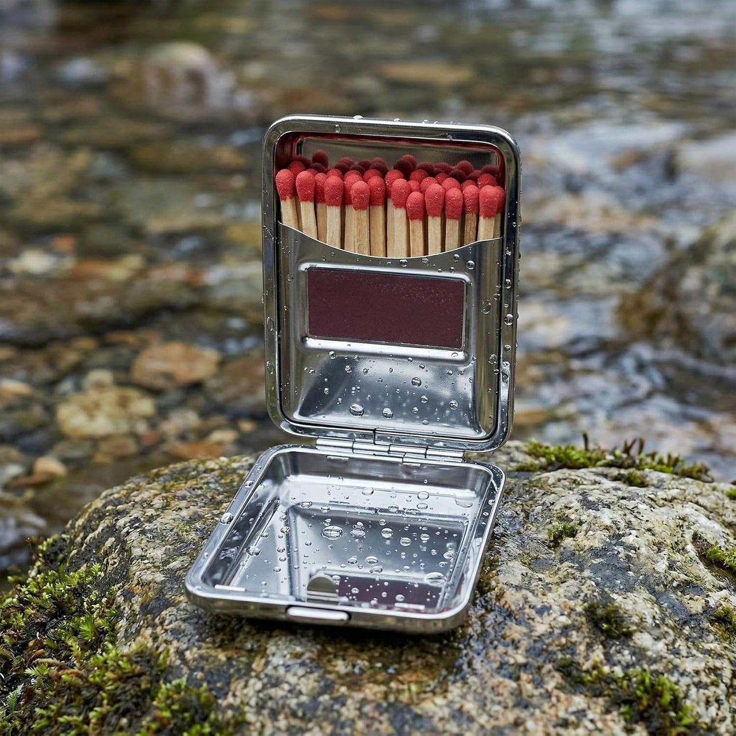 Stainless Steel Match Box Case with Friction Plate, Portable Waterproof Matchbox Storage Case, Reusable Pocket Matchstick Holder for Camping Hiking Fishing Travel Outdoor Activities- Black