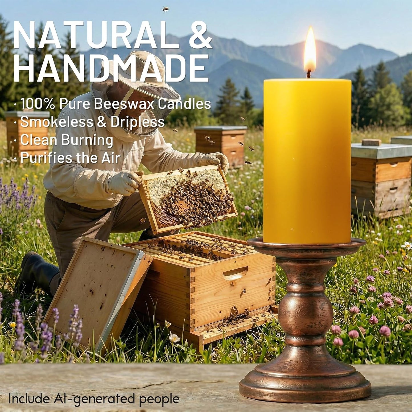 6 Pack Natural Beeswax Pillar Candles, 210 Hours Long Burning, 100% Pure Bees Wax Candles, Organic Emergency Beeswax Candles Bulk for Home Room Prayer Parties Relax, Smokeless & Dripless 2x4in