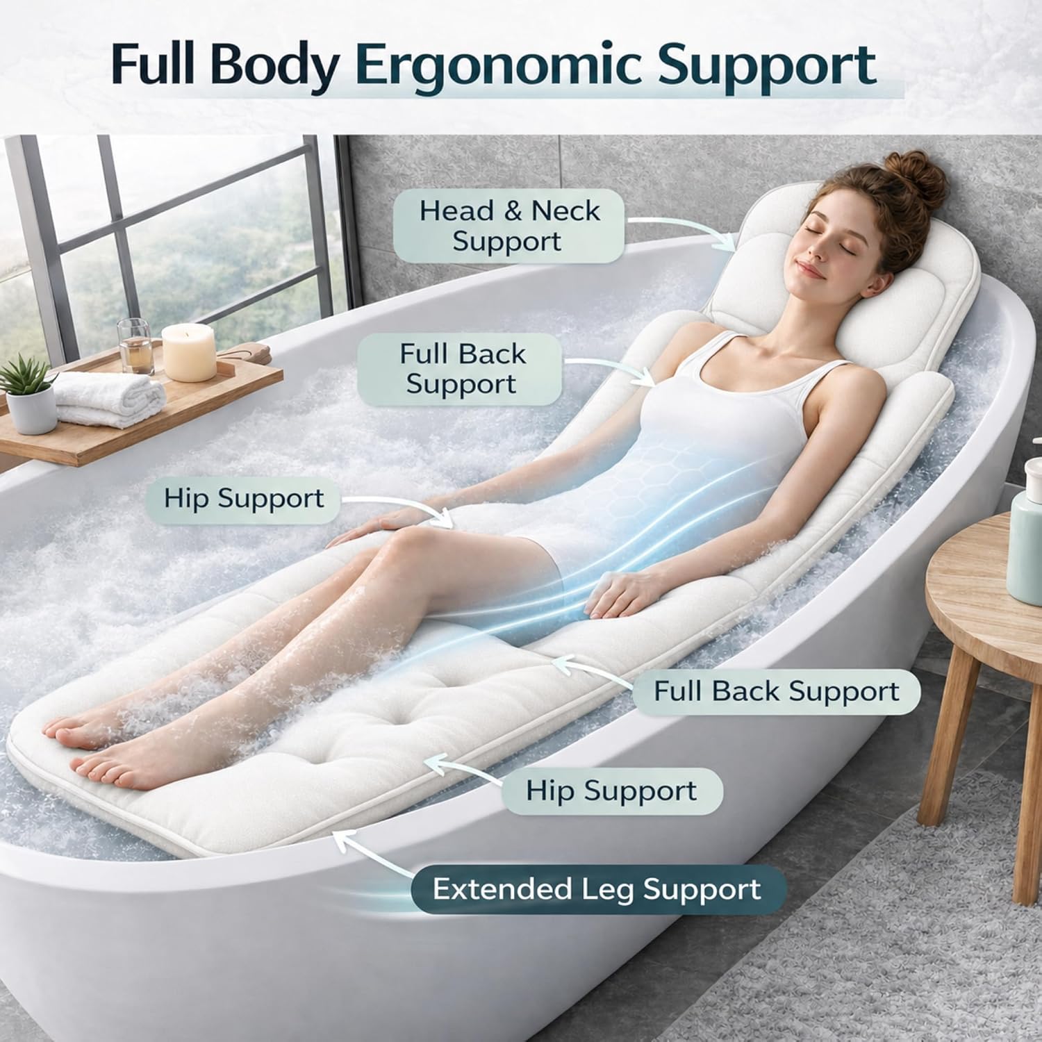 Full Body Bathtub Pillow, Extra Long & Thick Bath Cushion with Strong Suction Cups, Soft Head Neck & Back Support for Master Bathroom Evening Soaking (White)