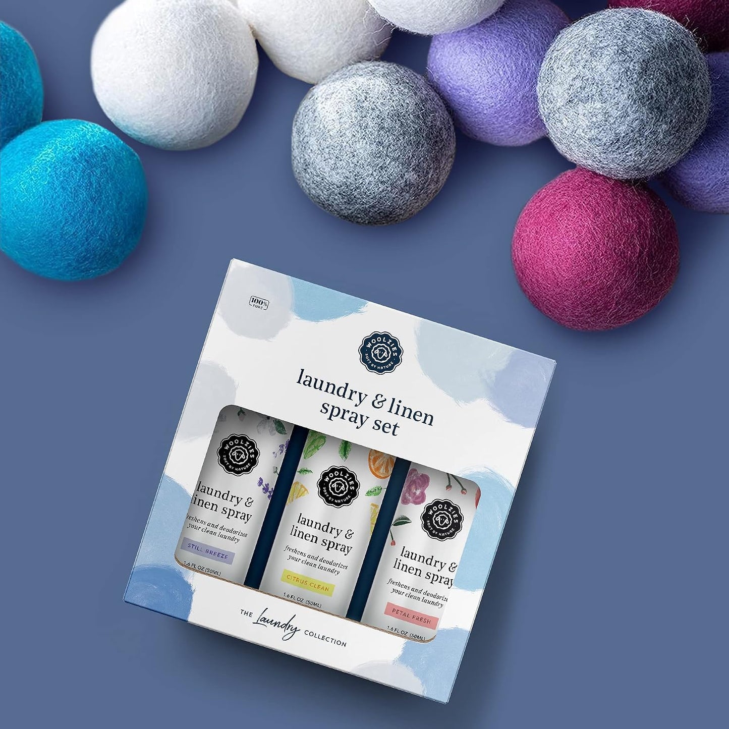 Woolzies Laundry Essential Oil Linen Spray Set | Use with Wool Dryer Balls, Face, & Body, Natural Room Mist | Includes Petal Fresh, Still Breeze, Citrus Clean 50 ML