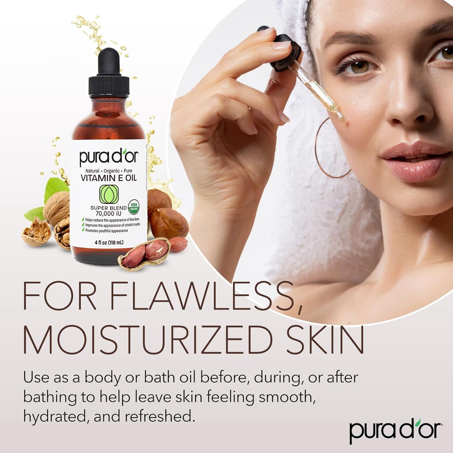 PURA D'OR 4 Oz Organic Vitamin E Oil 70,000 IU, USDA Certified Ayurvedic Skin Care, Face, Body w/Argan, Jojoba, Rosehip, Apricot, Almond & Avocado, Lightweight Moisturizer for Soft, Smooth Skin