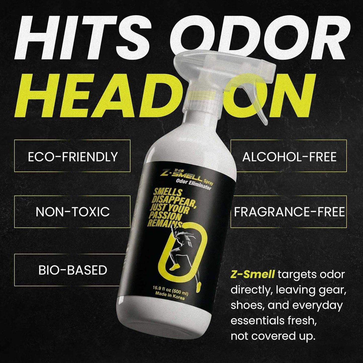 Z-Spray Odor Eliminator Spray – Bio-Based Enzyme Spray, Unscented & Made with No Harsh Chemicals – For Shoes, Pets, Gear, Car & Home – Safe for Kids & Animals – 500mL