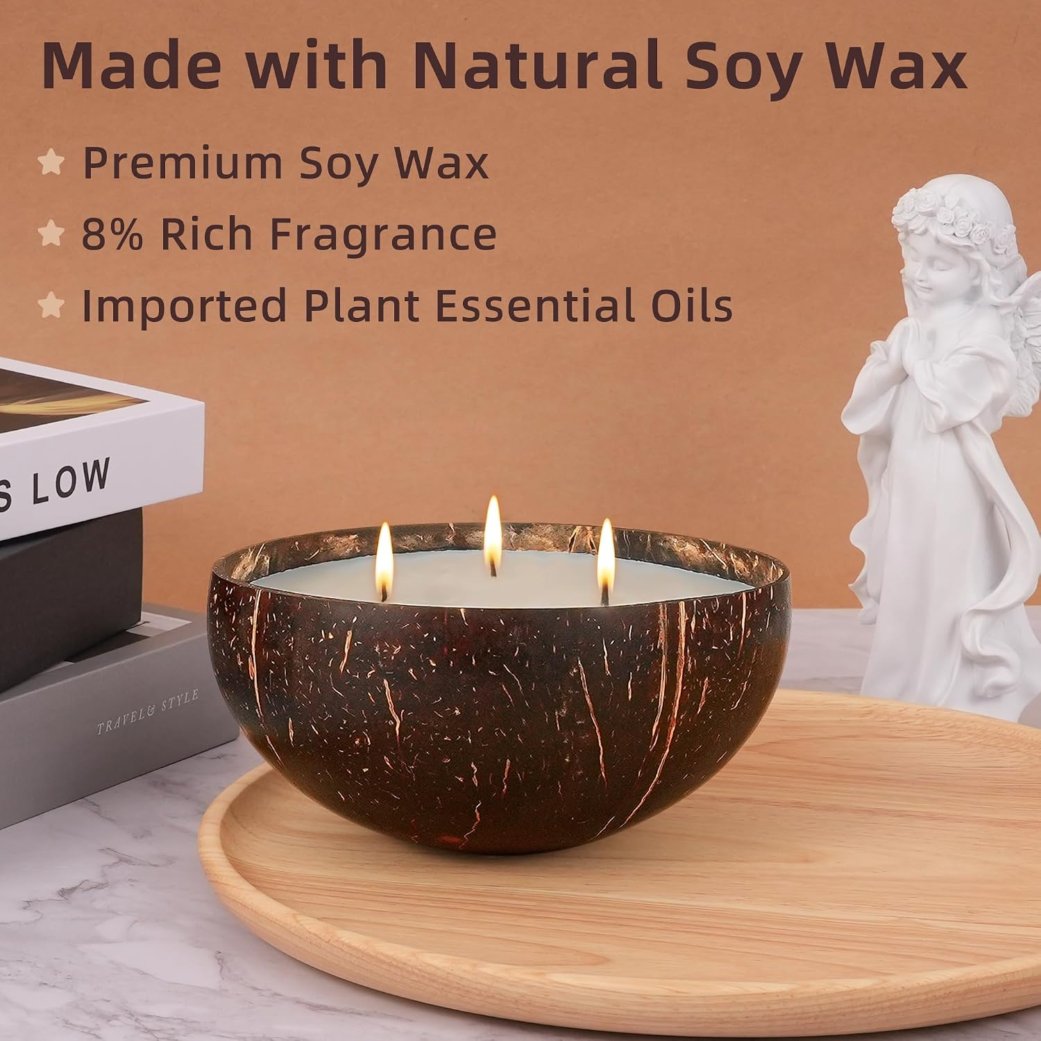 Viyffo 3 Wick 18oz Large Non Toxic Soy Candle - Cedarwood & Amber Scented Candle for Women & Men, Natural Coconut Shell Jar Perfect for Home Decor & Unique Nature Gift