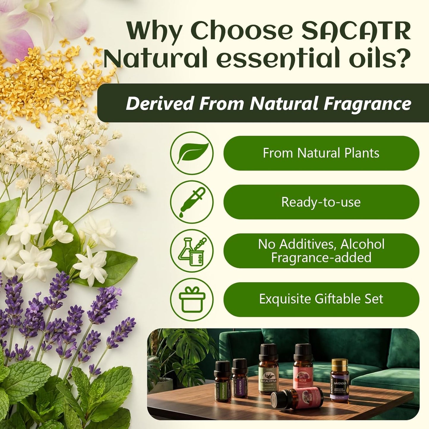 SACATR 24 Pcs Essential Oil Set - Natural Essential Oils - Perfect for Diffuser, Humidifiers, Skin Care, Massage, Fragrance Oil Scent for DIY Candle and Soap Making (24 * 5ml)